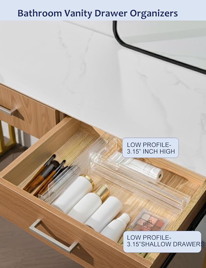 Adjustable Drawer Dividers 5 Pack, 3.15" High, Clear Plastic | 11"-20" expanding shallow drawer organizer with non-slip pads for socks, makeup, kitchen, bathroom and desk.