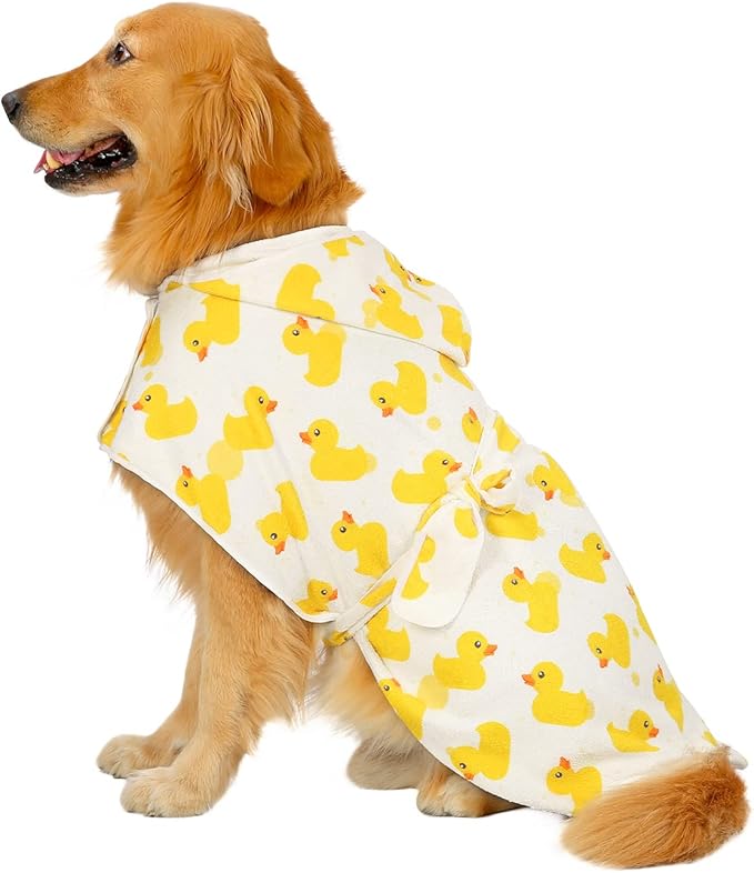 HDE Dog Bathrobe Super Absorbent Quick Drying Puppy Towel Wrap Coat Adjustable After Bath Robes with Hood for Dog Sizes S-XXL White Rubber Ducks L