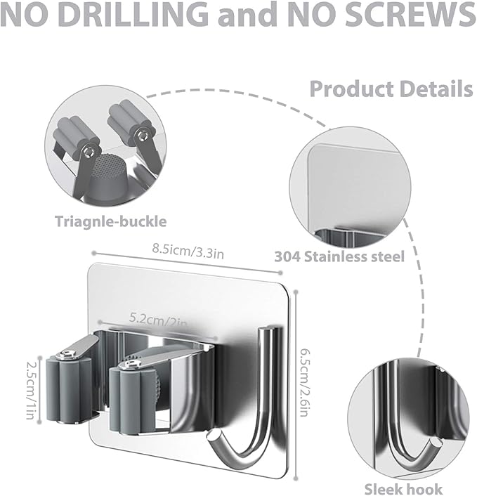 homeasy Mop Broom Holder No Drill, Mop Broom Organizer Wall Mounted Heavy Duty with Hooks Hanger, Self Adhesive Stainless Steel 4Pcs for Bathroom, Kitchen, Office (Silver)