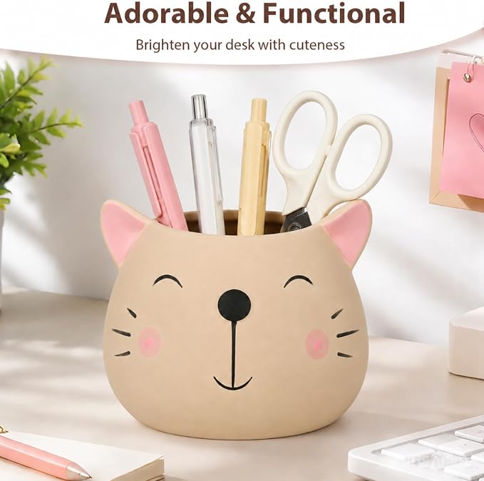 Ceramic Cat Shaped Pen Pencil Holder for Desk Decoration Accessories Cat Decor Makeup Brush Pen Cups Office School Ideal Gifts for Women, Mom or Birthdays