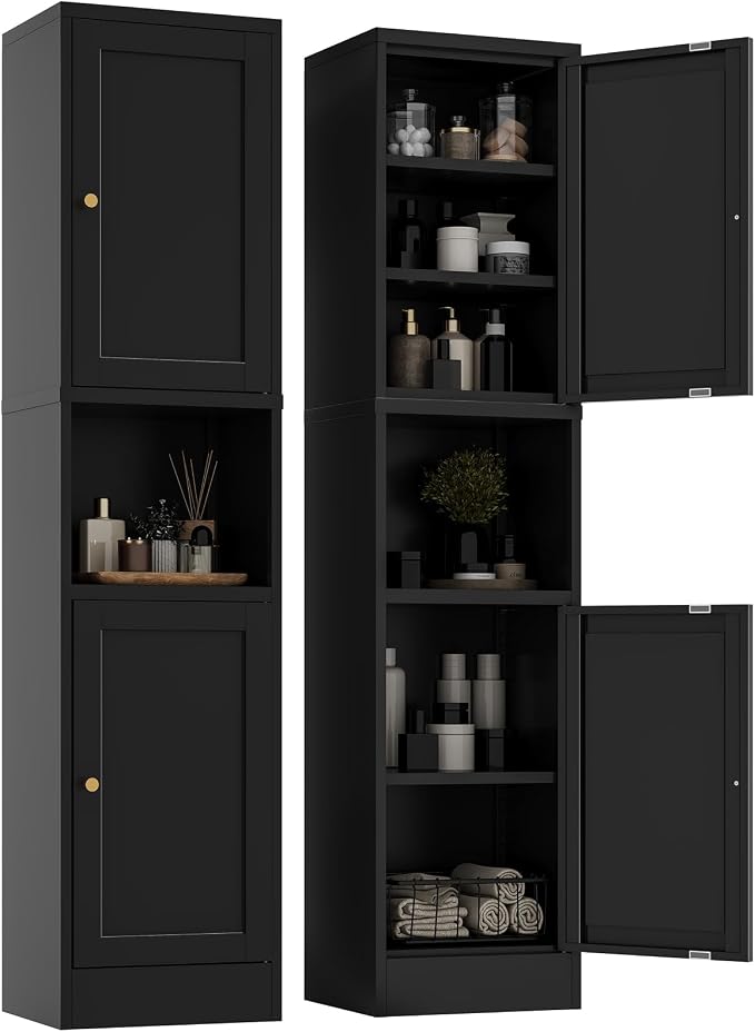 YAUWOH 2-Door Metal Storage Cabinet, Tall Slim Pantry Organizer with 3 Adjustable Shelves (120LBS/Shelf), Anti-Tipping Waterproof Cabinet for Bathroom/Kitchen/Home Office/Small Spaces, (1PC,Black)