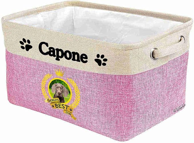 Custom Name Collapsible Dog Toy Storage Basket Bin World's Best Dog Weimaraner Foldable Pet Toy Box Closet Shelf Baskets Organizer for Bedroom Home Dog Cat with Handles Pink