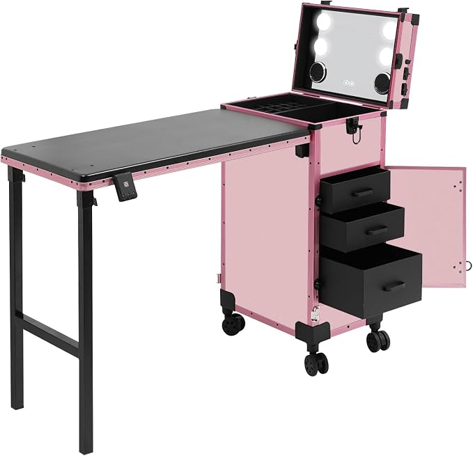 Professional Cosmetic Trolley Storage Organizer, Foldable Nail Tables Travel Cosmetic Trolley Storage Organizer w/ 4 Drawers Mirror & Speaker for Hair Stylists Pet Groomers Makeup (Light Pink)