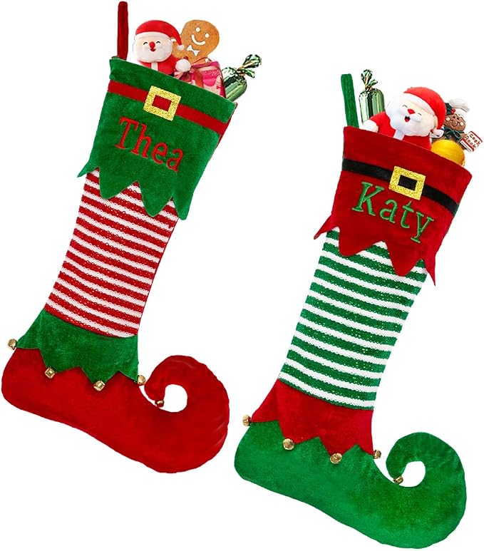 Personalized Christmas Stocking, Custom Christmas Stockings with Embroidery Name, 22" Large Elf Xmas Stocking for Kids, Fireplace Party Holiday Decoration(3 Pcs)