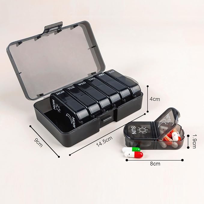 Small Pill Case, Cute Medicine Box, Travel Daily Pill Organizer | 7-Day 14 Tray Portable Vitamin Planner Container Dispenser for Purse Pocket, Capsule Holder for Fish Oils, Supplements, Black