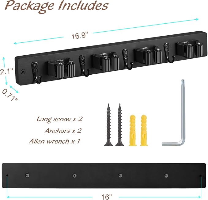 OUTNILI Black Mop Broom Holder Wall Mount with 4 Slots & 4 Hooks - Rustic Wood Broom Mop Hanger for Pantry Closet Laundry Room Organization - Heavy Duty Garden Tool Organizer - Black Kitchen Decor