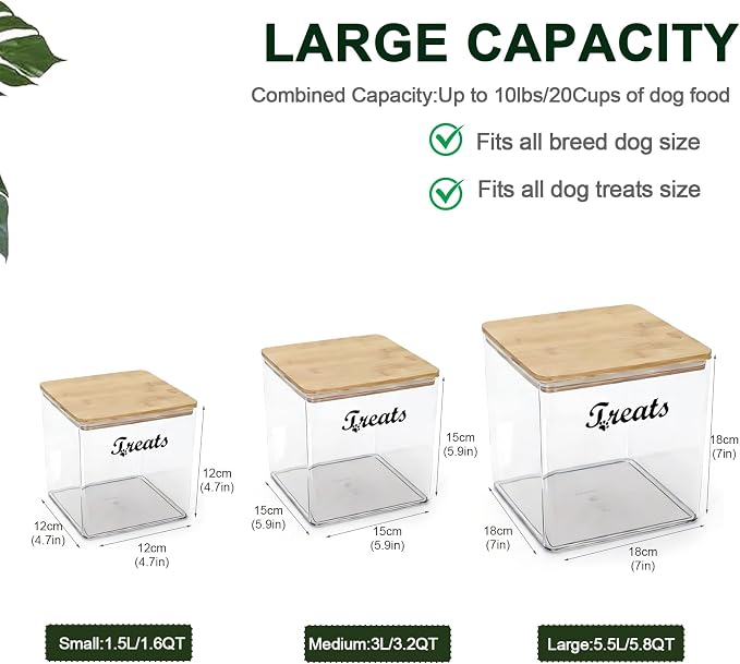 3-Piece Dog Treat Container Airtight, Square Dog Food Container With Bamboo Lid,Clear Pet Treat Bins for Kitchen Counter and Pantry,Ideal for Pet Owner