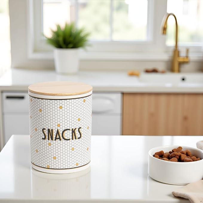 Pearhead Ceramic Dog Treat Jar with Wooden Lid – Bistro Tile Dog Biscuit Container for Countertop, Airtight Stoneware Pet Treat Storage Canister for Puppy Treats & Training Rewards (Pack of 2)