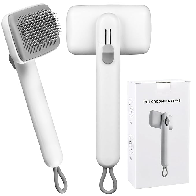 Self Cleaning Slicker Brush for Dogs Cats, One Click Hair Removal, Deshedding Brush for Long Short Haired Pets, Reduce Shedding & Remove Mats - White