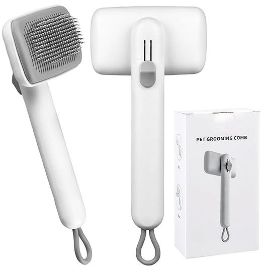 Self Cleaning Slicker Brush for Dogs Cats, One Click Hair Removal, Deshedding Brush for Long Short Haired Pets, Reduce Shedding & Remove Mats - White
