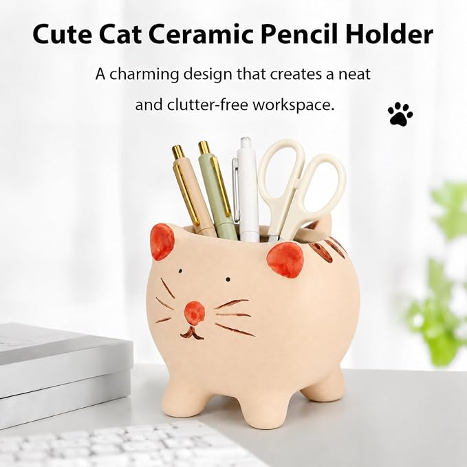Ceramic Cat Shaped Pen Pencil Holder for Desk Decoration Accessories Cat Decor Makeup Brush Pen Cups Office School Ideal Gifts for Women, Mom or Birthdays