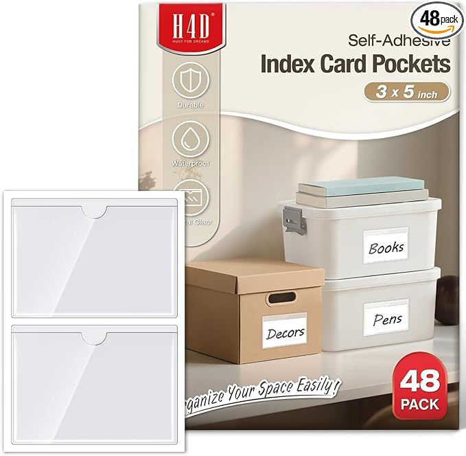 H4D 48 Pack labels for Storage Bins, 3" x 5" Plastic Clear Adhesive Pockets | Top-Open Index Card Holder, Waterproof & Removable Labels for Storage Bins, Totes, Containers, Shelves & Library Organization