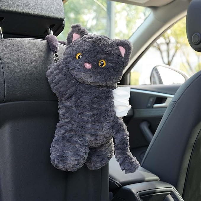 Cute Cat Car Tissue Holder Plush Kitten Paper Box for Backseat Adorable Hanging Organizer & Decor for Women Pet Lovers & Gifts (Black)