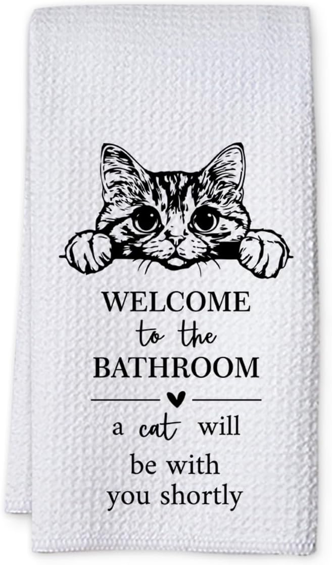 KIDEAR Funny Cat Bathroom Decor Welcome to The Bathroom Hand Towel,1 PCS Cute Cat Kitchen Towels for Toilet Wall Decorations,Cute Animal, Gifts for Women, Pet Owners Housewarming - A11