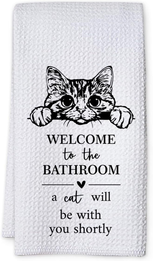 KIDEAR Funny Cat Bathroom Decor Welcome to The Bathroom Hand Towel,1 PCS Cute Cat Kitchen Towels for Toilet Wall Decorations,Cute Animal, Gifts for Women, Pet Owners Housewarming - A11
