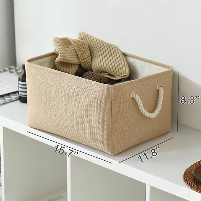 Organization and Storage Bin for Shelves - Large 3 Pack 16x12x8 inch Storage Basket for Organizing, Canves Storage Cubes for Organizer Toy Closet Cloth Gift (Beige)