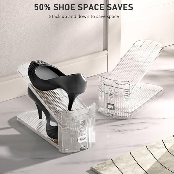 NVGSN 24Pack Clear Shoe Slot Organizer,Shoe Stacker,Storage Space Saver 50% | 3 Levels Adjustable Height 3.7''-7.7''shoe Organizer for Closet,Easy to Assemble shoe Rack Holder,Organizador de Zapatos