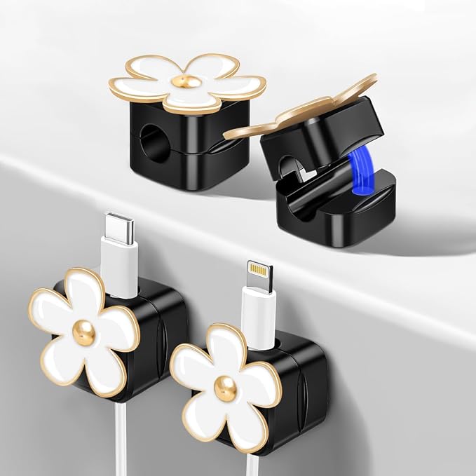 Magnetic Cord Organizer, Easy Secure Adhesive Cable Management, Wire Holder Organizer, Hide Or Organize Phone USB Charger Cable Clips for Home,Office,Car,Desk,Nightstand (White Flower-4 Pack)