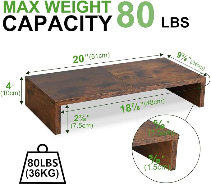 TEAMIX 2-Pack Monitor Stand Riser 20 inch, Wooden Tabletop Shelf, Brown | For 2 Monitors, Laptop, Printer, TV, PC Tower, Rustic Brown Monitor Riser with Storage, Computer Stand Ergonomic Design