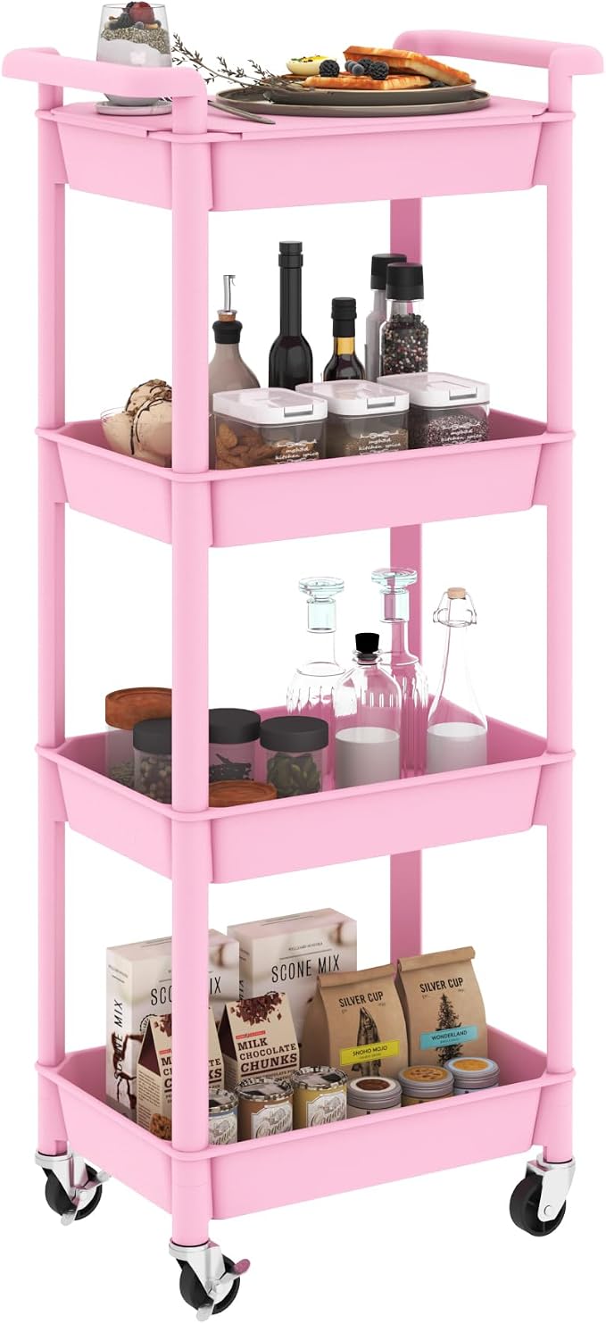 STEEHOOM Utility cart with Tabletop 4 Tier Rolling Cart Organizer with Wheels Movable Storage Cart for Office, Living Room, Kitchen, Craft Room, Pink