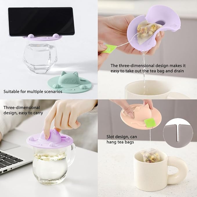 6 Pack Silicone Tea Bag Holders, Cat Mug Toppers, 4 inch | Reusable Drink Covers Help Retain Temperature and Shield Beverages from Dust, Pet Hair, Flies and Wasps