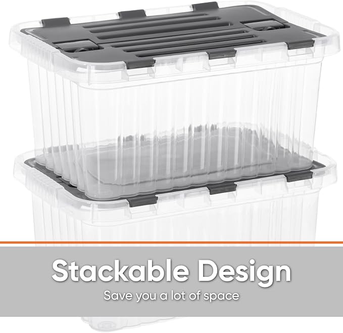 Superio Clear Storage Boxes with Attached Lids, Plastic Container Bins with Hinged Lids for Organizing, Stackable Crates, BPA Free, Non Toxic Organizers, 19 Quart (6 Pack, 17"x11.65"x8.75")