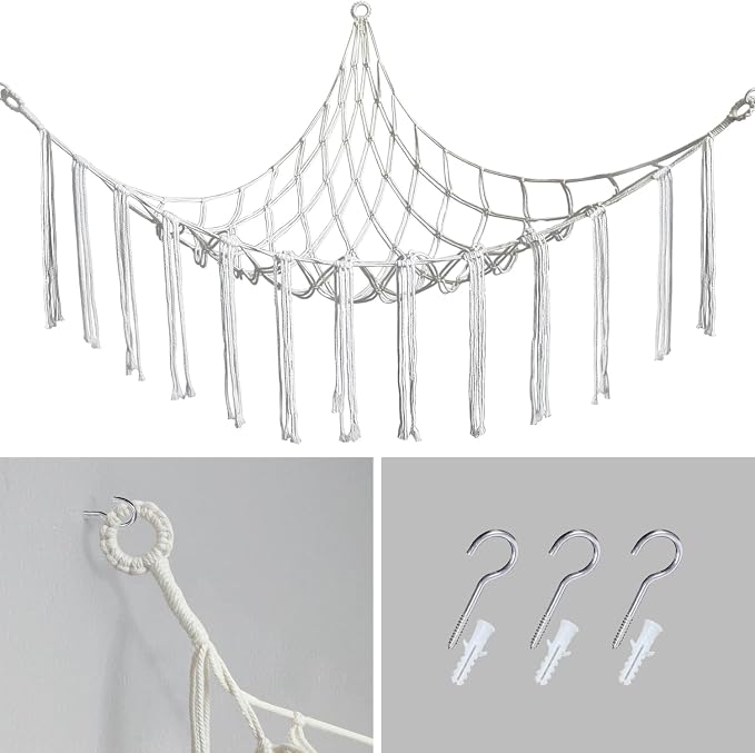 Stuffed Animal Hammock Corner with Hooks Soft Fabric Hanging Bed for Plush Toys, Toy Storage Organizer Playroom Decor (Beige)