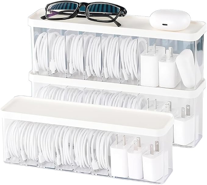 Charger Cable Cord Storage Organizer Box - Easy Storage Without Cable Ties | Stackable,with Lid,Dust-Proof,Space Saving,6 Standard Space and 1 Larger Space,for Home Office Desk Accessories Supplies