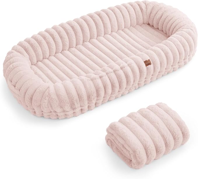 ChiXnuggle Orthopedic Human Dog Bed,Striped Faux Fur Washable Cover,Blanket | pink,72*40*10,giant dog bed for adult or extra large dogs,egg crate foam,non-slip bottom