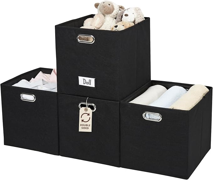 DECOMOMO Felt Storage Bins, 13x15x13 Storage Cube Bins with Labels | 4 Pack Storage Baskets for Shelves, Kallax (Black)