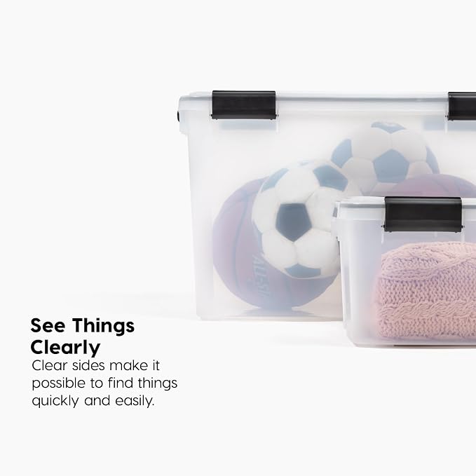 IRIS USA WeatherPro Storage Bins with Lids, 74 Qt Plastic, 4 Pack | Weather-tight gasket protects clothing, food, camping gear, tools, photos, and keepsakes from moisture, dust, and pests.