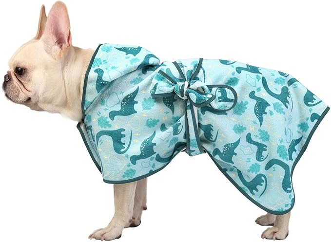 HDE Dog Bathrobe Super Absorbent Quick Drying Puppy Towel Wrap Coat Adjustable After Bath Robes with Hood for Dog Sizes S-XXL Dinosaurs M