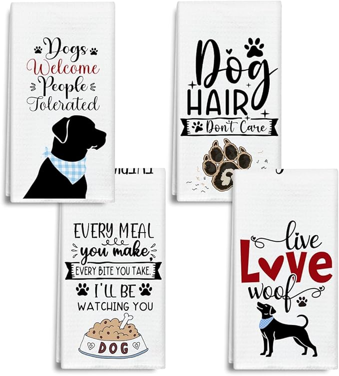 Dogs Welcome People Tolerated Kitchen Towels and Dishcloths Set of 4, Funny Decorative Hand Towel Drying Cloth for Bathroom, Gifts for Dog Lovers, Hostess, Women, 16x24 Inches -09