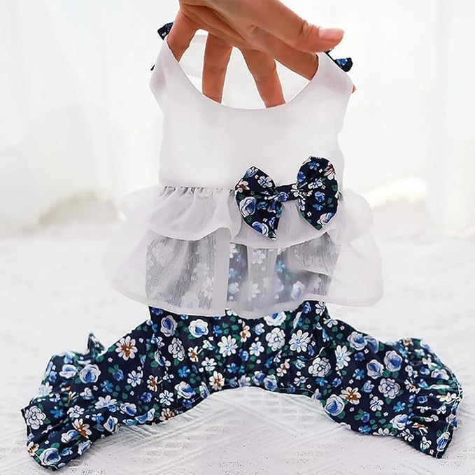 Vintage Floral Bowknot Sleeveless Romper for Small Dogs Cats Rabbits, Breathable Cotton Ruffle Flared Pants, Teacup to Small-Medium Pets for Walk Photo Vacation (Blue-Floral, X-Small)