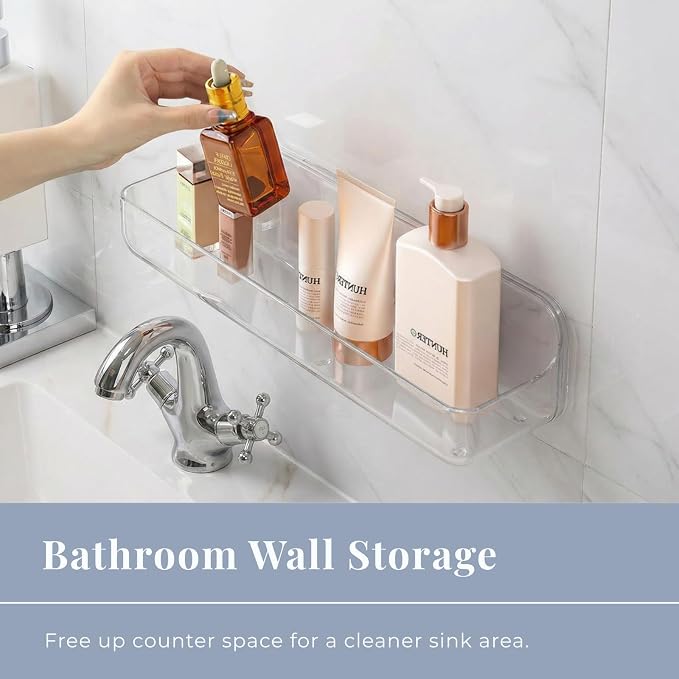 Long Adhesive Wall Organizer Shelf, No-Drill, Clear | BPA-Free PET, Built-In Drain Holes, Detachable, Extended Storage for Shampoo Bottles, Body Wash, Spice Jars