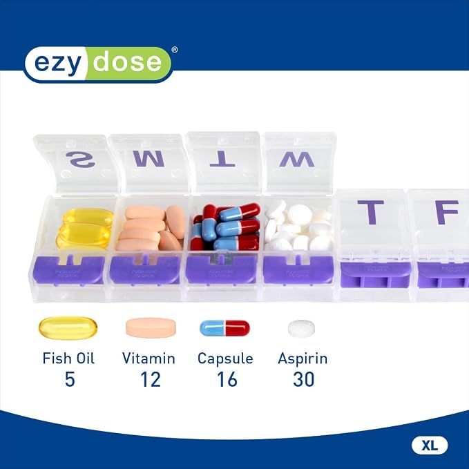 EZY DOSE Weekly (7-Day) Pill Case, Medicine Planner, Daily Vitamin Organizer Box, X-Large Push-Button Compartments, Convenient and Easy to Use, Arthritis Friendly, Clear Lids, Color May Vary, BPA Free