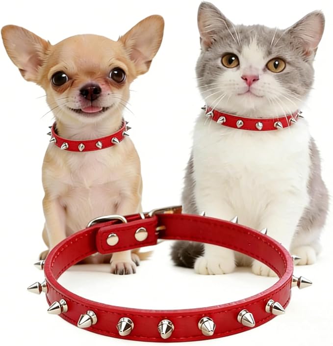 Enjoying Spike Cat Collar, Spiked Dog Collar for Extra-Small to Small Dogs, Anti-Bite Studded Protective, Faux Leather Spiky Collar with Metal Rings for Hold Pet Tags/Leash, Adjustable, Red, XS