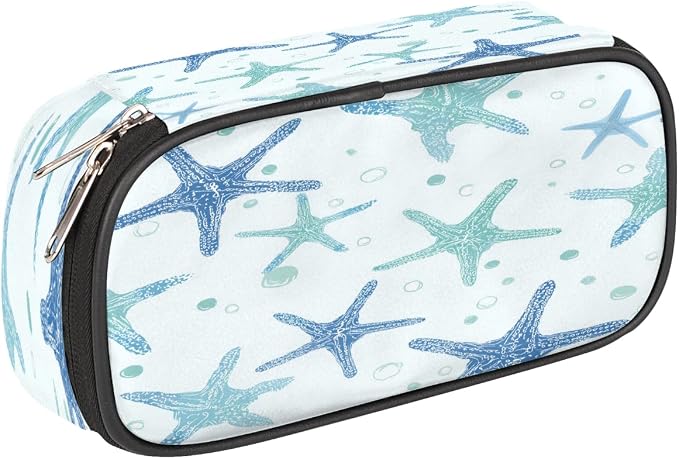 Teal Blue Starfish Pattern Pencil Case Pouch, Big Capacity Waterproof Pen Bag for Students Teens Adults, Large Storage Organizer for Stationery
