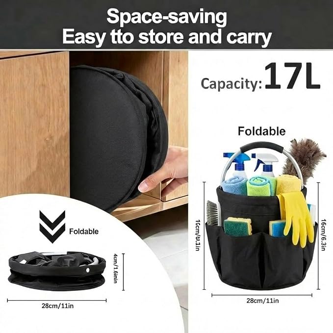 Foldable Cleaning Organizer Caddy With Handle 17L Large Cleaning Supplies Organizer 600D Oxford Portable Organizer Bucket With 6 Pockets for Home Bathroom Garden Garage Bedroom