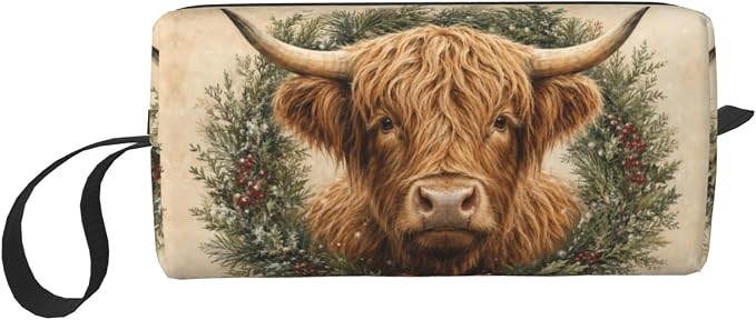 Highland Cow Evergreen Wreath Makeup Bag for Women, Cosmetic Pouch | Double-Sided Highland Cow Wreath Cosmetic Organizer with Foam Padding for Women, Travel, Gym, School, and Daily Storage