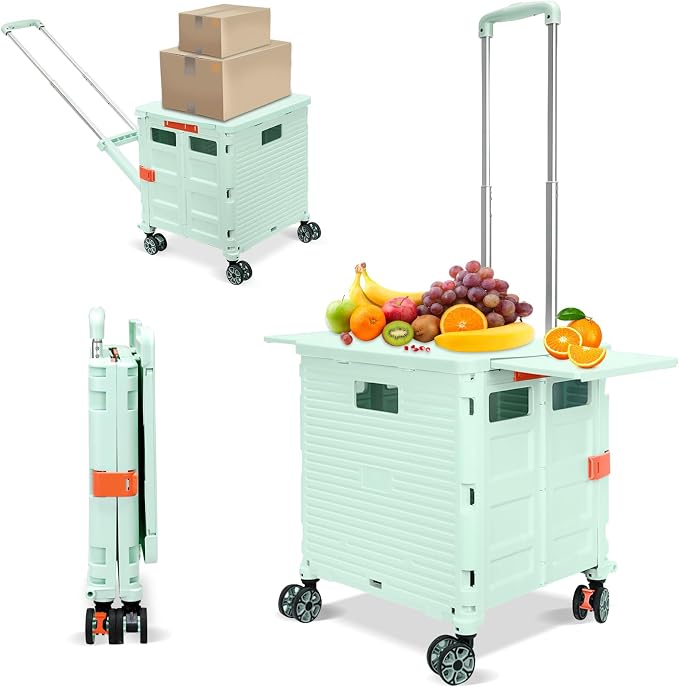Foldable Utility Cart Rolling Crate Handcart Shopping Cart with Rotate Wheels Extended Magnetic Lid Telescoping Handle Adjustable Angle for Transports Groceries Office Teacher File(Green)