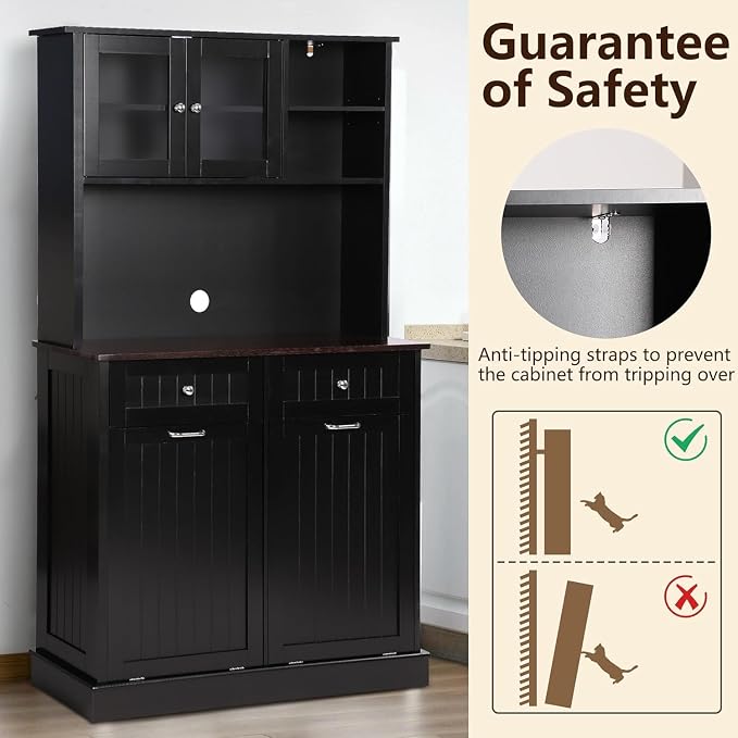 68.4" Kitchen Pantry Storage Cabinet, Freestanding Cupboard with Shelf, 2 Drawers and 2 Tilt Out Trash Cabinet, Tall Cabinets for Kitchen, Dinning Room, Living Room (Glossy Black, Double Tilt)