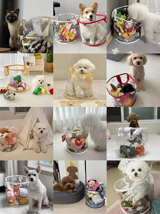 MANON ROSA Dog Toy Storage Basket Bin Round PVC Pet Storage Basket with Handles for Organizing Toys Blankets Leashes for Puppies Cat Kitten Rabbit (Small,Red)