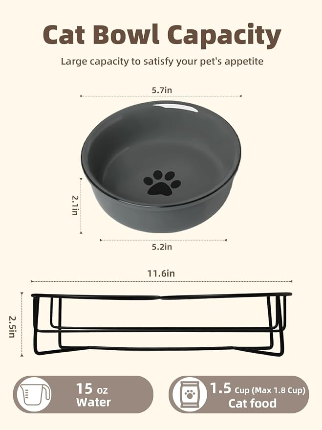 GDCZ Ceramics Raised Cat Bowls with Heighten Metal Stand,15 Ounces (Grey)