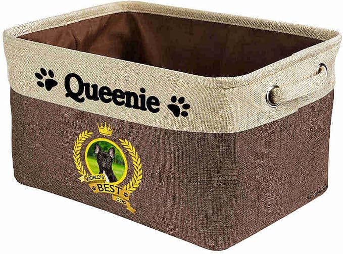 Custom Name Collapsible Dog Toy Storage Basket Bin World's Best Dog French Bulldog Puppy Foldable Pet Toy Box Closet Shelf Baskets Organizer for Bedroom Home Dog Cat with Handles Brown