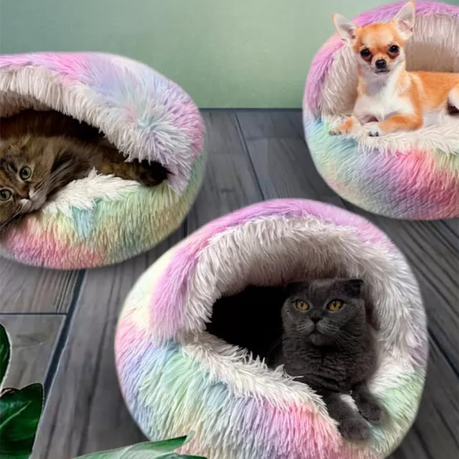 Round Fluffy Hooded Cat Bed Cave, Anti-Anxiety Cave Bed with Blanket | Hooded Cat Bed Cave, Cozy Cuddler Luxury Puppy Pet Bed, Anti-Slip Bottom and Machine Washable