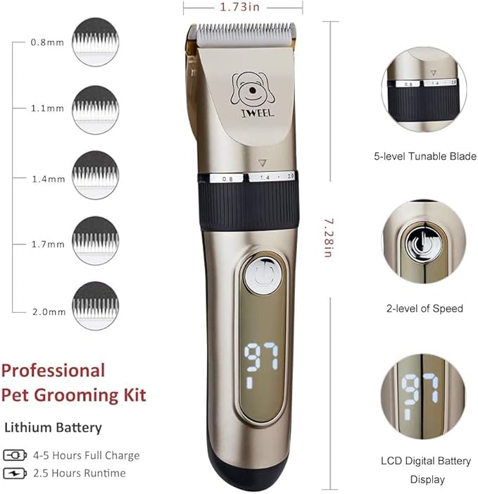 IWEEL Dog Clippers, 2-Speed Professional Rechargeable Cordless Cat Shaver and Low Noise Water Proof Electric Dog Trimmer Pet Grooming Kit Animal Hair Clippers Tool with Scissors Combs