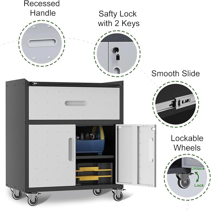 Metal Mobile Tool Storage Cabinet with 2 Locking Door and 1 Drawer | Heavy Duty Rolling Tool Cabinets for Garage,Metal Storage Cabinets with Wheels,Assembly Required