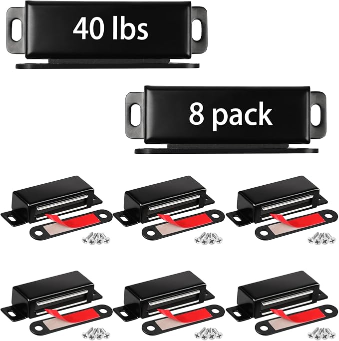 Strong Cabinet Magnets for Closure 40 lbs 8 Pack - Hold Warped Doors Tight | Magnetic Door Catches/Latches Black for Cupboard Closet Drawer Window - Strip-Proof Screws Install in 5 Mins