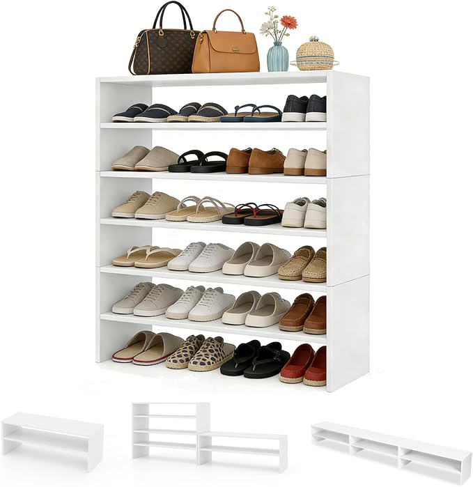 COSTWAY 6-Tier Shoe Rack, Extra Wide Shoe Shelf Organizer | Stackable Design, 31" Freestanding Storage Shoe Stand for Small Space Entryway Hallway Closet (White)